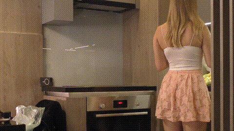 Big boobs blonde hot college girl in a mini skirt do house chores and flashes he.gif